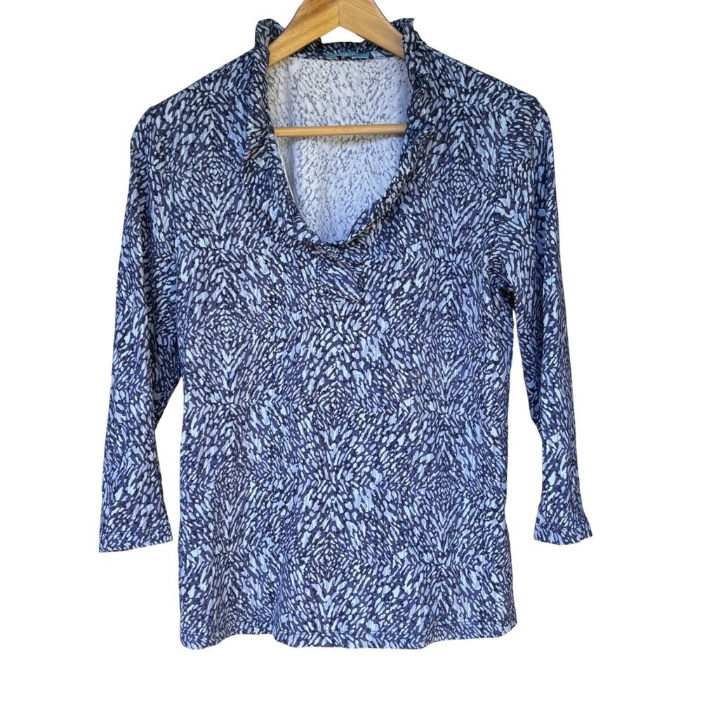 J McLaughlin Durham Ruffle Top Catalina Cloth Blue Coastal Preppy Resort Size L